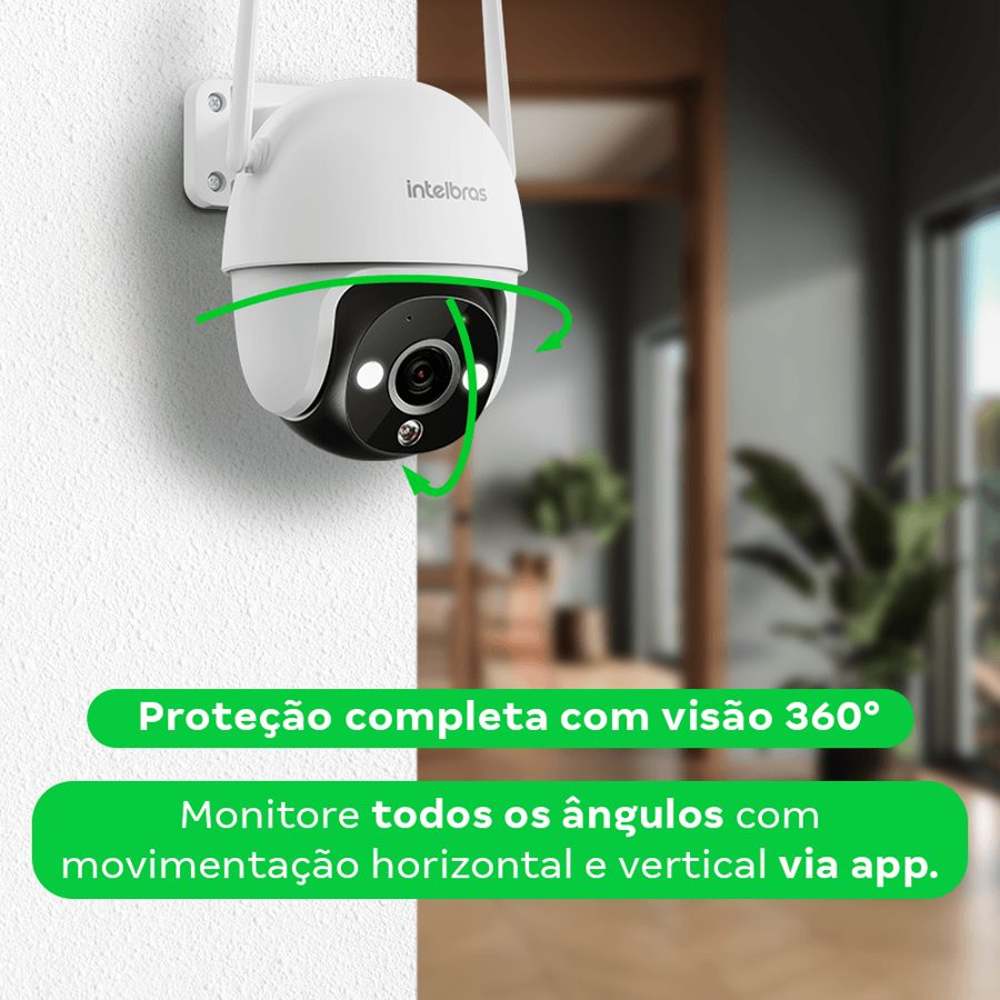 Câmera iM7S instalada na parede com setas indicando giro de 360°